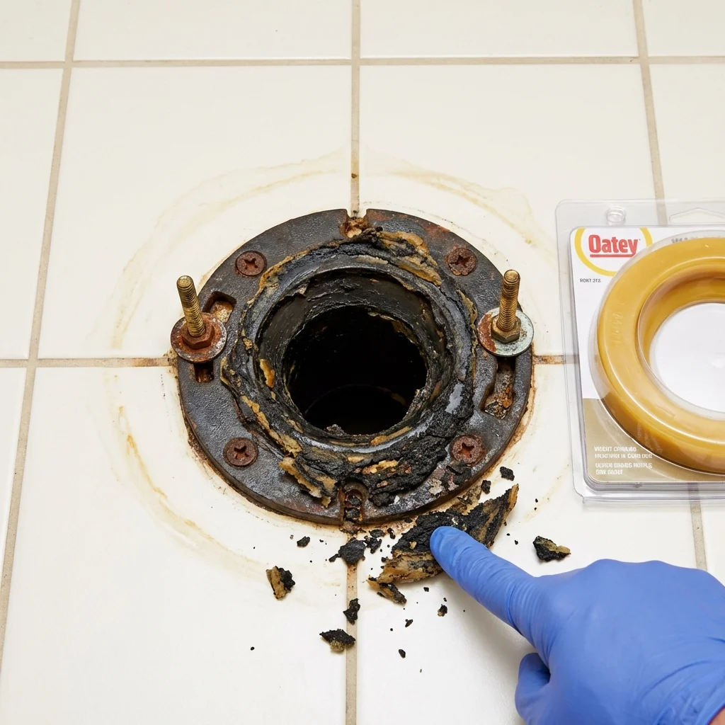 Failed wax ring showing water seepage at the base of a toilet in a Union, MO home
