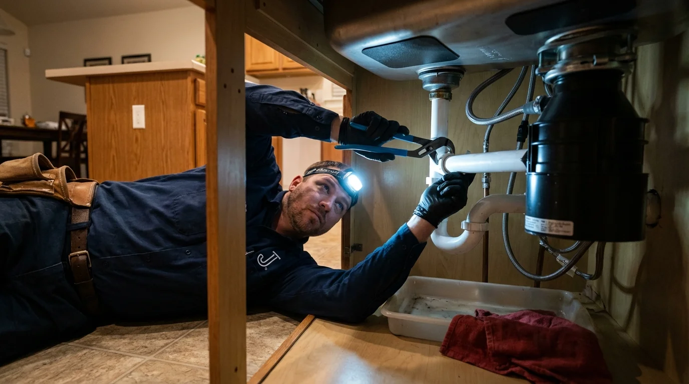 P-trap and supply line connections under a kitchen sink showing a common leak point in Union, MO